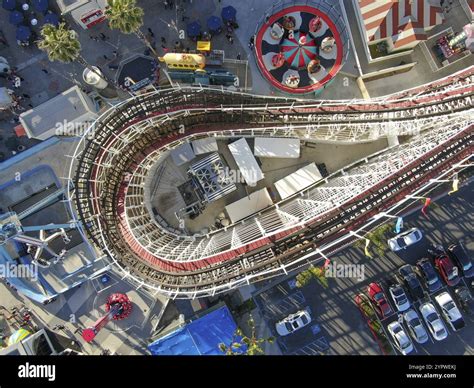 Aerial view of iconic Giant Dipper roller coaster in Belmont Park, an ...