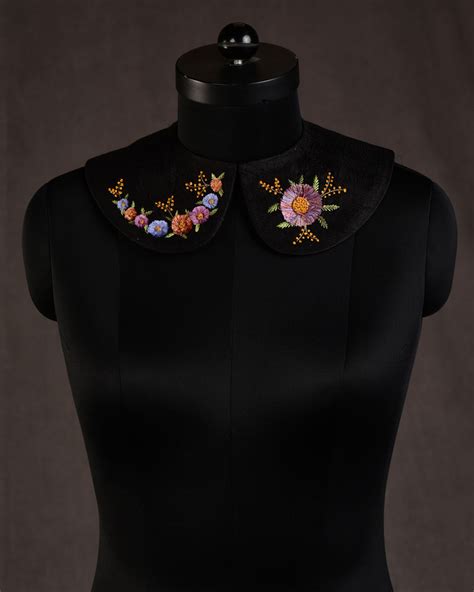 Black Velvet Flowers Hand-embroidered Raw Silk Detachable Peter Pan Co