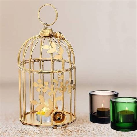 Buy Metal Iron Bird Cage Tea Light Holder with Flower (Gold) Online at ...