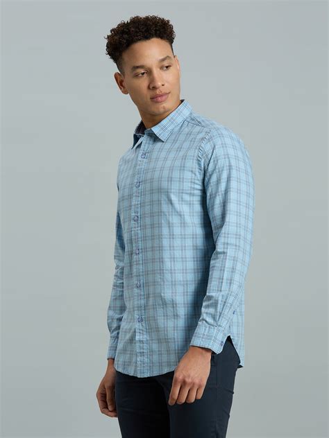 Light Blue & Black Checks 100% Cotton Slim Fit Casual Full Sleeve Shir