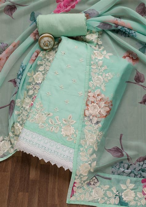 Buy Sea Green Threadwork Organza Unstitched Salwar Suit - Koskii