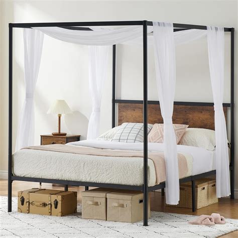 Canopy Bed Frame, Black Four-Poster Platform Metal Bed Frame with ...