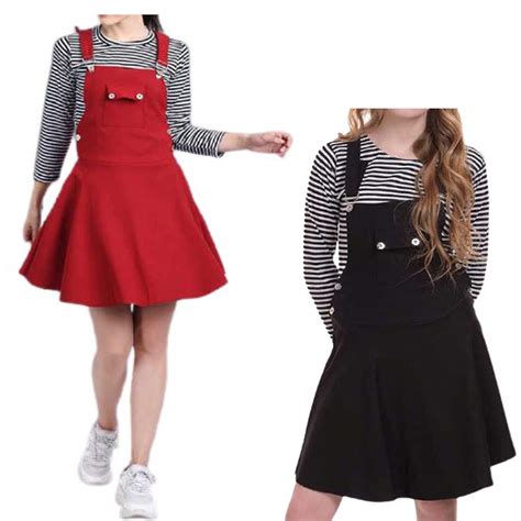 RZLECORT Cotton Lycra Dungaree Skirt with Striped Top for Women ...