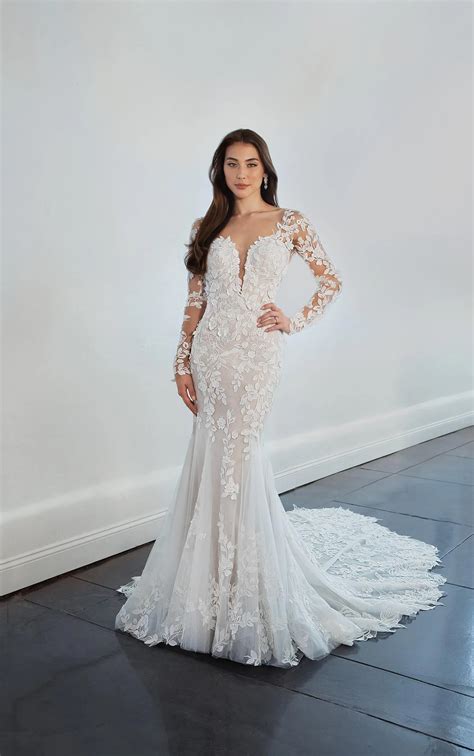 Fitted Lace Long Sleeve Sheath Wedding Dress | Martina Liana