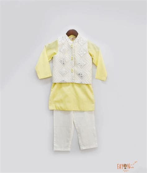 Off white Embroidery Jacket with Yellow Kurta Pant for Boys – FayonKids