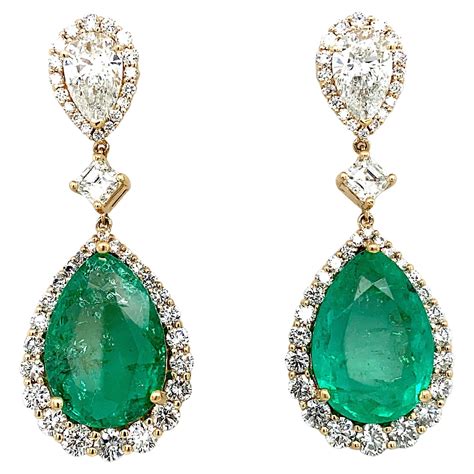 GIA Certified 8Ct Colombian Pear Emerald Diamond Hanging/ Drop Earrings ...