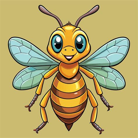 A cartoon drawing of a bee with a blue eyes and a green background ...