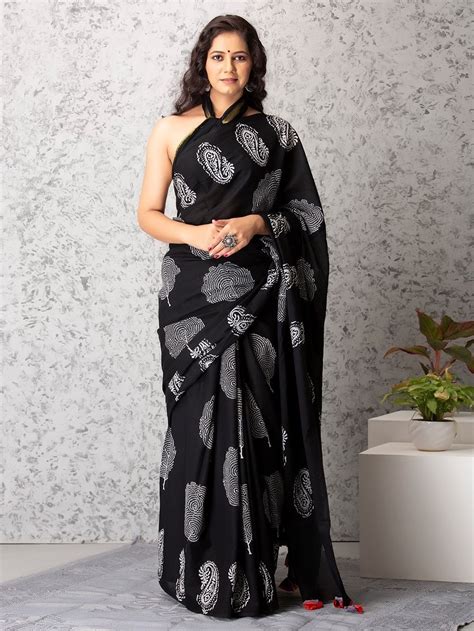 Buy Black Hand Block Printed Mulmul Saree | MAY_DP_SRC_26/MYE1 | The loom