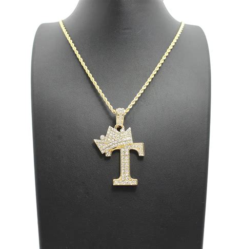 Buy Stone Stud Allover Tilted Crown Initial T Pendant w/ 3mm 18 Rope ...