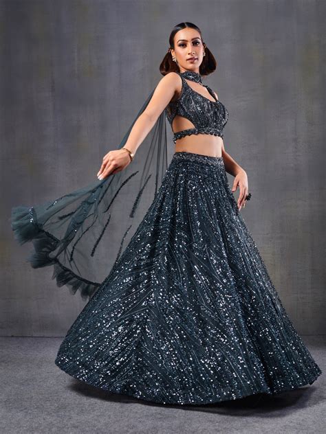 Midnight Blue Sequined Lehenga – Tirumala Designers