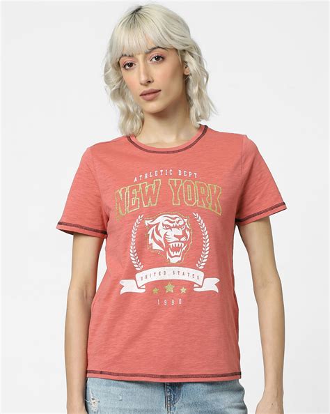 Orange Glitter Print Text T-shirt