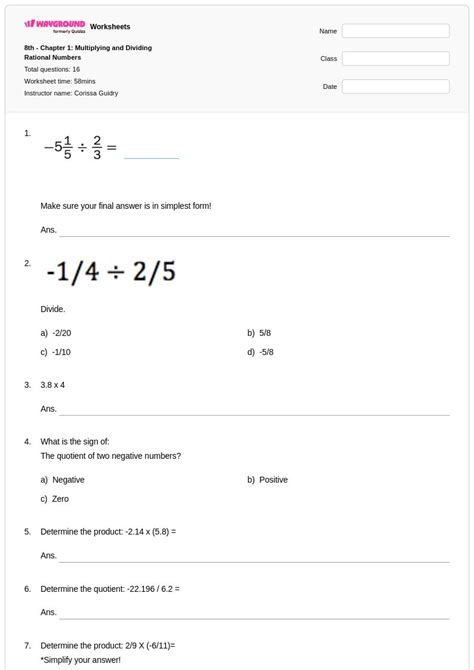 50+ Multiplying and Dividing Rational Numbers worksheets for Class 8 on ...