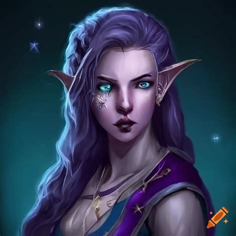 Enchanting female half-elf bard with silver hair and indigo eyes in fantasy attire on Craiyon