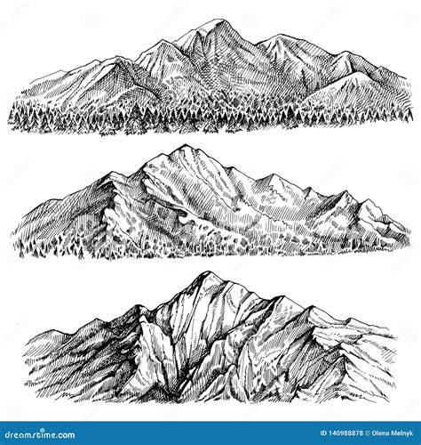 Mountains Peak Vector Hand Drawn Landscape. Ridge and Ranges with ...