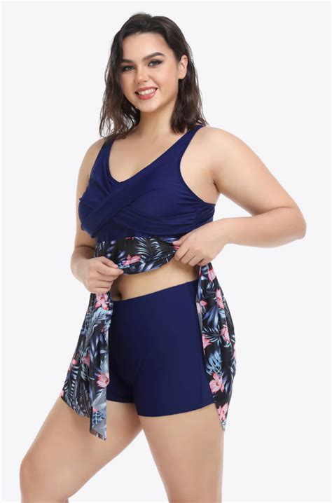 Plus Size Floral Two-Tone Asymmetrical Hem Two-Piece Tankini Blue ...