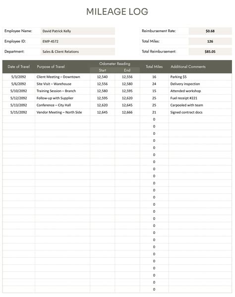 Excel Mileage Log Template