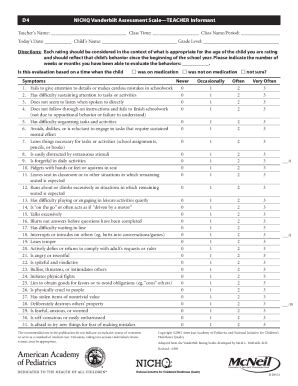 NICHQ Vanderbilt Assessment Scale—Teacher Informant - Blank Fillable ...