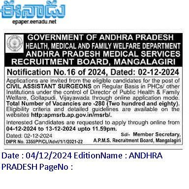 APMSRB Civil Assistant Surgeon Recruitment 2024 Notification 280 AP ...