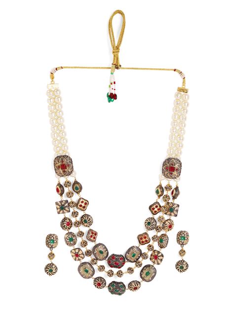 Premium Exquisite Geometric Pearl Ruby Green Gold Plated Necklace with ...