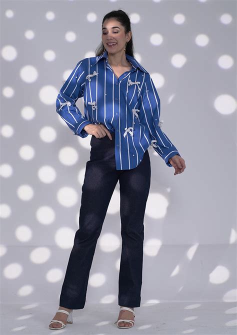 Stylish Blue Stripe Shirt with Bow Detailing – IKI CHIC