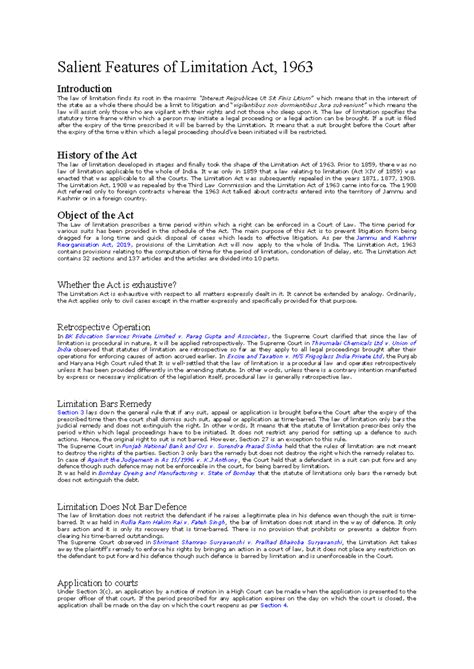 Salient Features of Limitation Act 1963 - The law of limitation ...