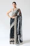 Buy Black Tussar, Organza Embroidery, Mirrors Plunge Neck Saree Set For ...