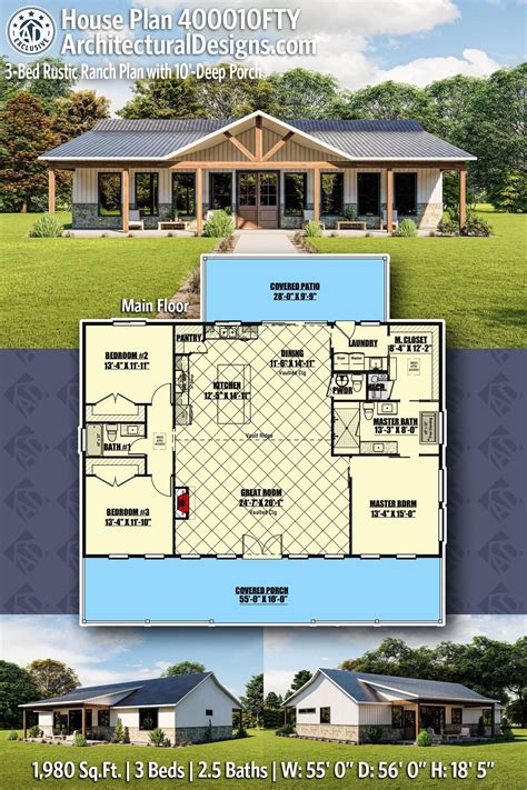 Plan 400010FTY: 3-Bed Rustic Ranch Plan with 10'-Deep Porch | Building ...