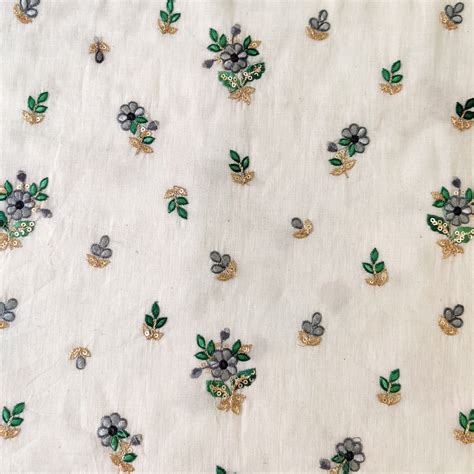 Pure Cotton Cream With Grey Scattered Flowers Embroidered Fabric ...