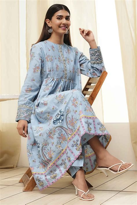 Buy Dull Blue Cotton Flared Printed Kurta Set Online at Biba India