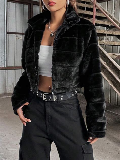 Flirla Zip Up Crop Teddy Jacket Black Fur Jacketplush Jacketcropped ...