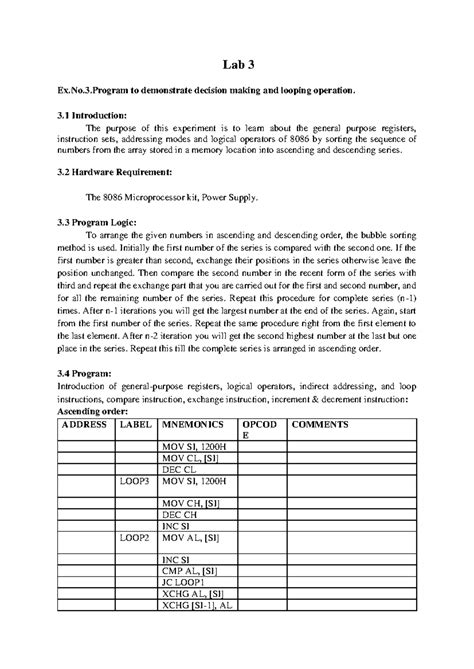 COA EXP3 - Lab 3 Ex.No.3 to demonstrate decision making and looping ...