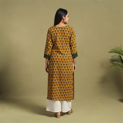 Yellow Fusion Mul Cotton Straight Ajrakh Long Kurta for Women