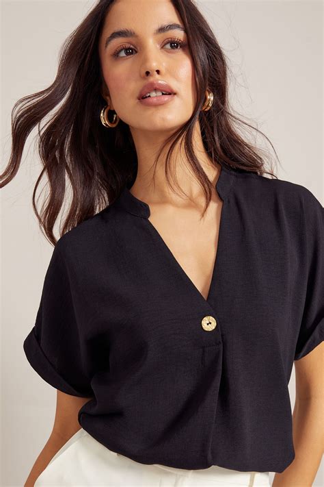 Buy Friends Like These Black V Neck Roll Sleeve Button Blouse from the ...