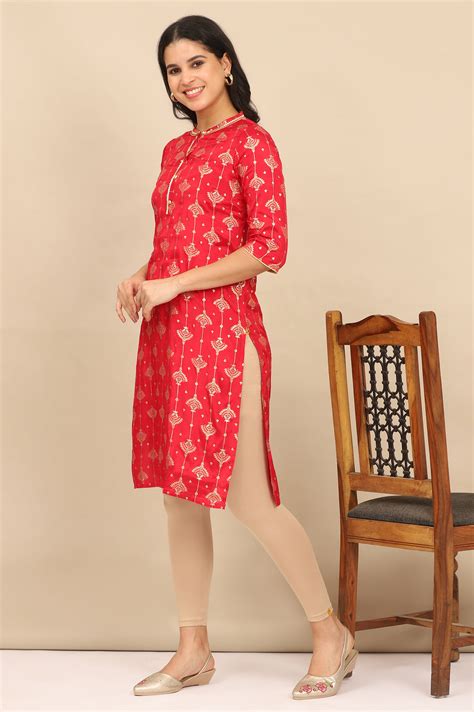 Buy Red Foil Printed Lace Embellished Straight Kurta and Leggings Set ...