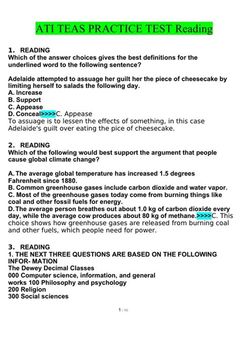 ATI TEAS PRACTICE TEST Reading Questions With Complete Solutions - ATI ...