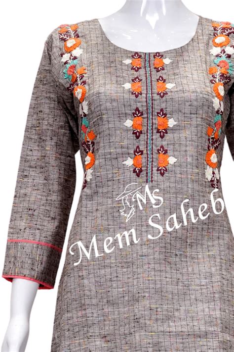 Kurti Light Brown Cotton with contrast work and three fourth sleeves ...