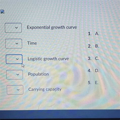 Exponential growth curve Time Logistic growth curve Population Carrying capacity 1. A. 2. B. 3 ...