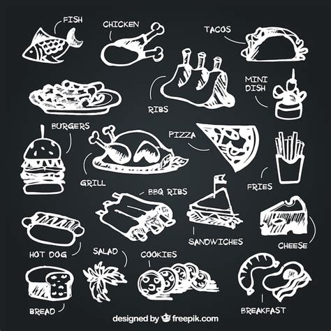 Set of food with description in chalk style | Free Vector