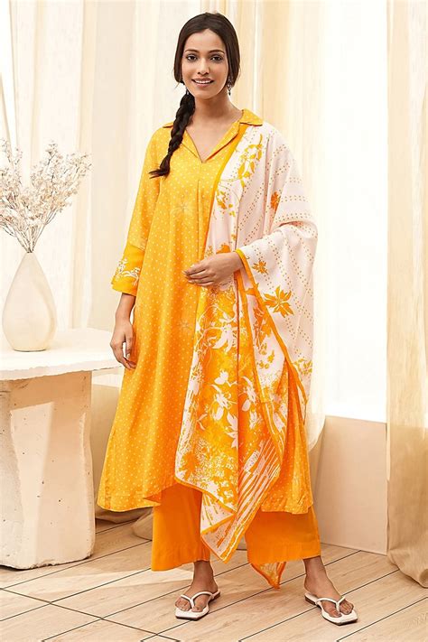 Buy Yellow Bandhani Printed A-Line Suit Set Online at Biba India