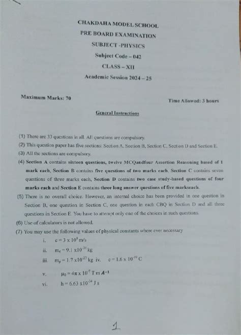 Physics Pre-Board QP - Pre Board QP - Maximum Marks: 70 ...