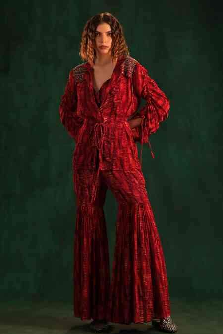 Buy Fuchsia Chiffon Embroidered Tree Bark Tunic Notched Lapel Print ...