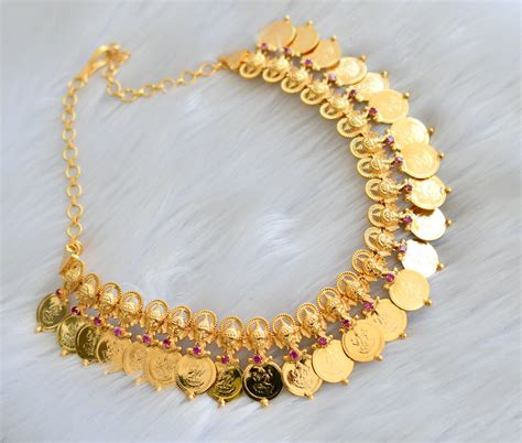 Gold tone pink stone Lakshmi coin Ganesha Kerala style necklace dj-408 ...