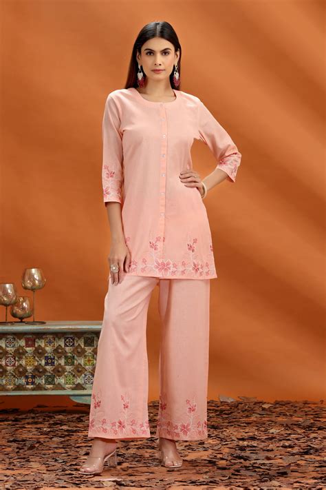 Peach Flex Cotton Straight Embroidered Kurta and Pant Set – Cotton Culture