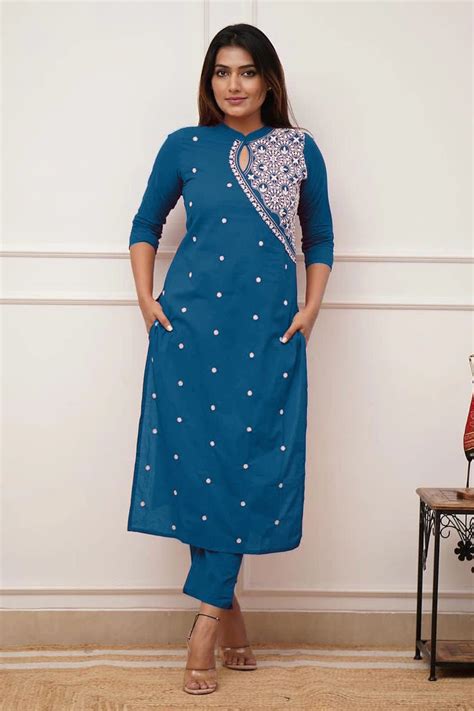 Royal Blue Embroidered Cotton Kurta Set – Kvinna