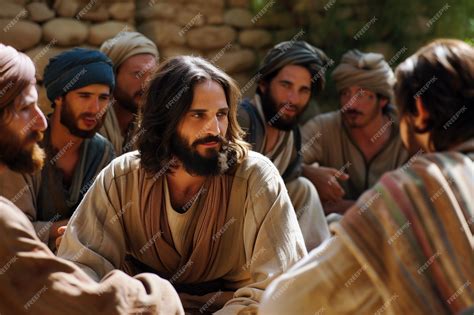 Jesus talking to his disciples in ancient robes outdoors | Premium AI ...