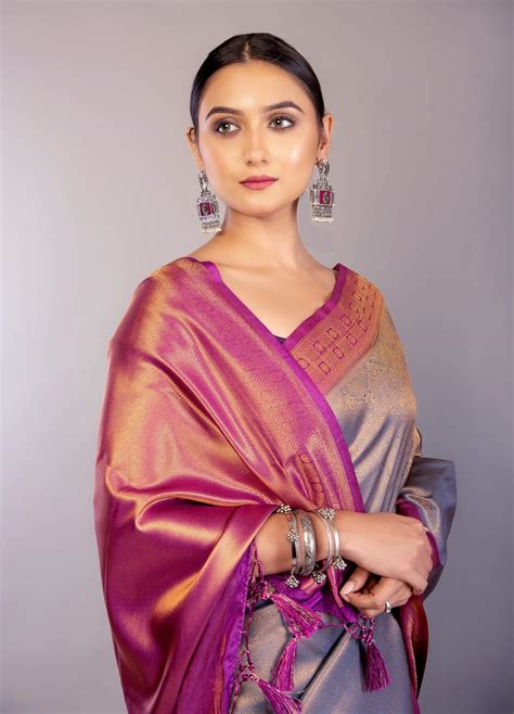Grey Soft South Indian Silk Saree with Contrast Purple Border