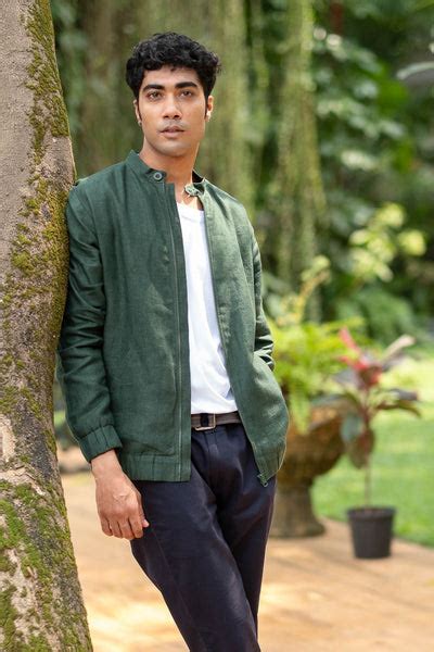Browse The Linen Bomber Jacket for Men Rainforest Green