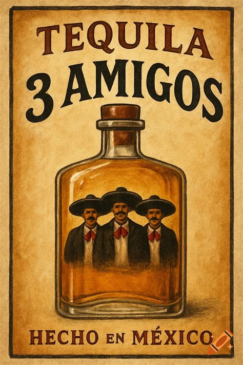 Vintage poster for 'TEQUILA 3 AMIGOS' with three men inside a bottle ...