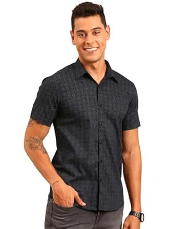 JOVEN Men Navy Blue Printed Cotton Lycra Shirt | Half Sleeve Shirt ...