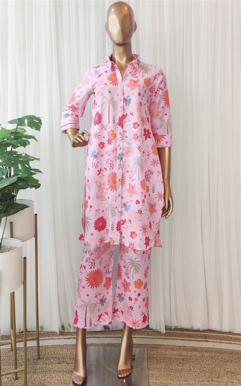 Pink Tropical Print Crepe Co-Ord Set